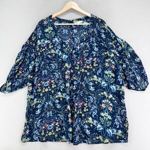 DR2 Floral‎ Blouse Womens 2X Blue Button Up Semi Sheer Career Oversized